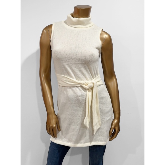 Venus Women's Cream Sleeveless Tie Waist Tunic Sweater Turtleneck Top Size S - Picture 1 of 5